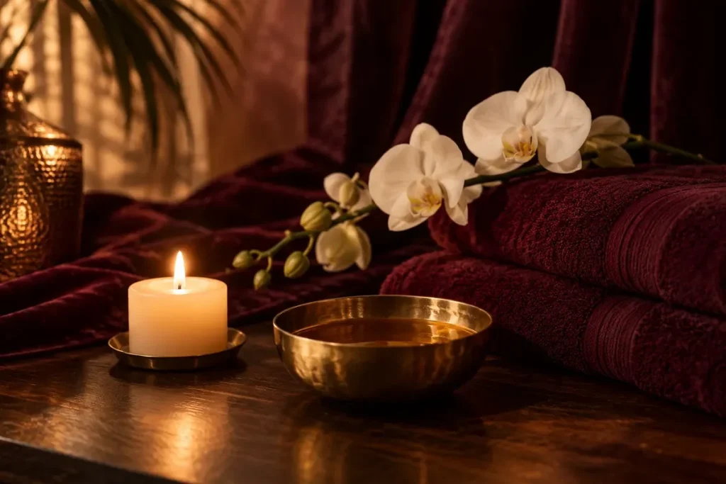 Rituale del massaggio lingam: candela, olio caldo e orchidea