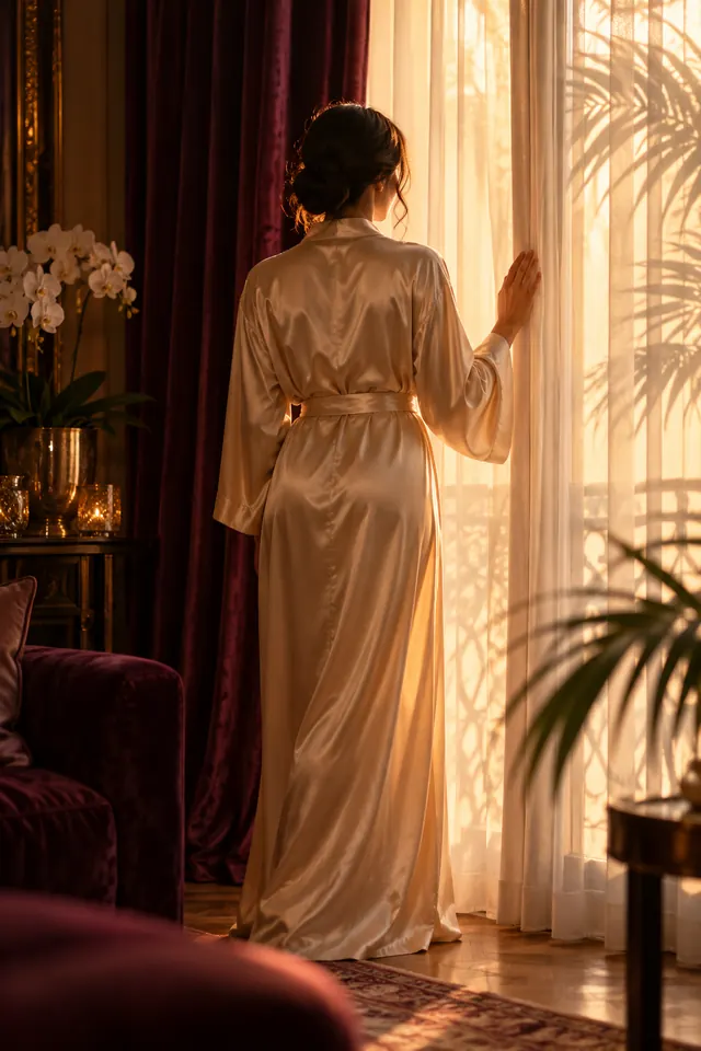 Silvia Massaggi Roma – Silvia alla finestra in vestaglia di seta, controluce dorato